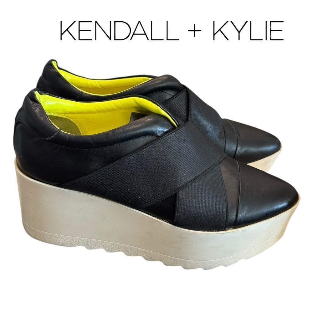 Kendall & Kylie Tasha Women’s Black Cream Neon Leather Wedge Shoes 7